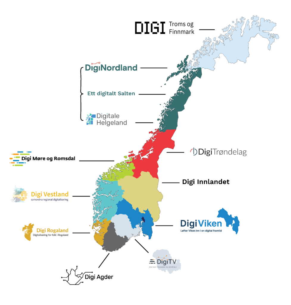 Norgeskart med alle fylker og tilhørende regionale digitaliseringsnettverk